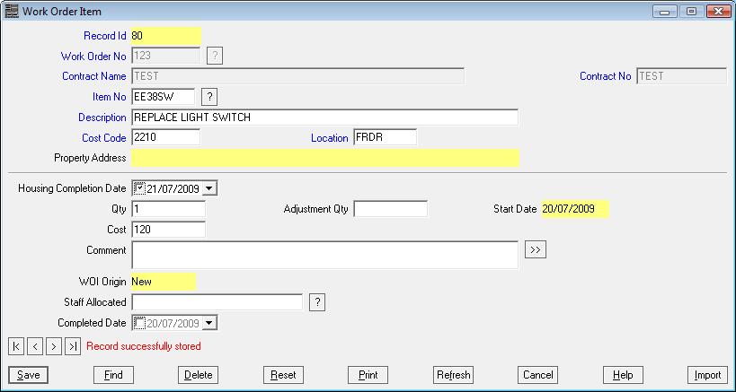 Work Order Item Screen Work Order Item Screen